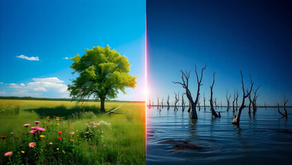 Stunning Visual Contrast of Thriving Nature and Environmental Decay Highlighting Climate Change Impact.