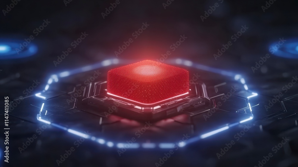 Poster a futuristic, glowing red hexagonal chip is surrounded by a blue-lit circuit pattern, symbolizing ad