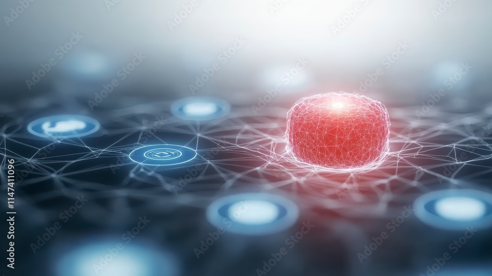 Poster a glowing red cube at the center of a digital network, surrounded by circular icons, representing te