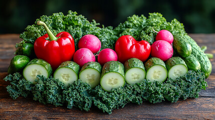 Fresh vegetables including bell peppers, radishes, cucumbers, and kale arranged in a heart shape.