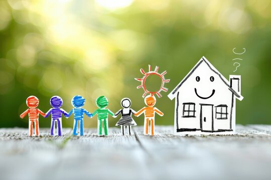 Community unity colorful figures holding hands near a happy house conceptual art in nature cheerful atmosphere