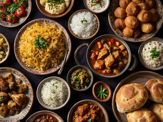 A variety of Middle Eastern or Mediterranean dishes including rice, stews, fried foods, and breads on a table