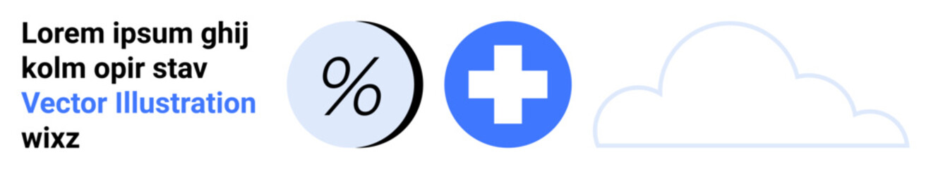 Black percentage sign in a white circle, blue cross symbol in a round blue icon, and a light blue cloud. Ideal for finances, healthcare, weather apps, digital interfaces, educational content