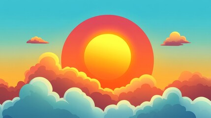 A vibrant digital illustration of a sun setting amidst colorful clouds.