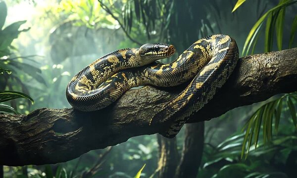 A vibrant snake resting on a tree branch in a lush, green jungle environment.