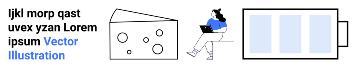 Abstract elements include cheese wedge with holes, woman sitting with laptop, and battery icon. Ideal for technology, productivity, food, abstract design, creative projects, vector art. Landing page