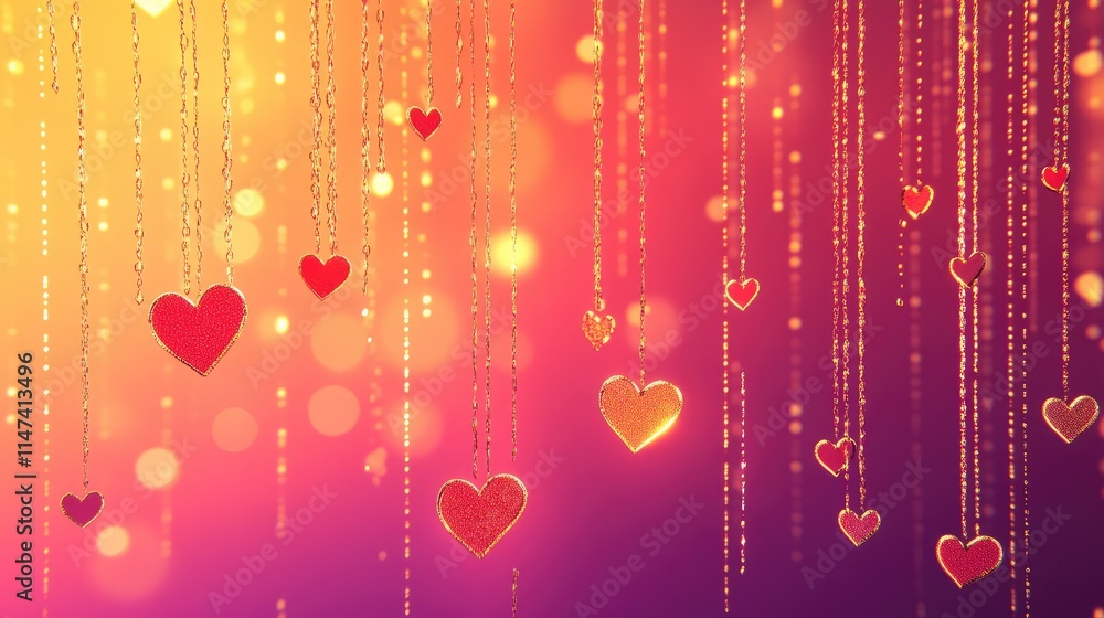 Poster shimmering heart decorations with colorful background and bokeh effect