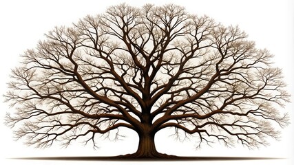 A lone, bare oak tree silhouette stands isolated against the stark white winter sky, its intricate branches reaching out like skeletal fingers against the cold, desolate landscape