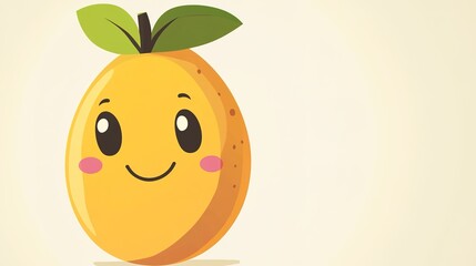 Flat 2D Cartoon Mango with Dot Eyes, Simple Smile, Solid Colors, No Gradients, on White Background