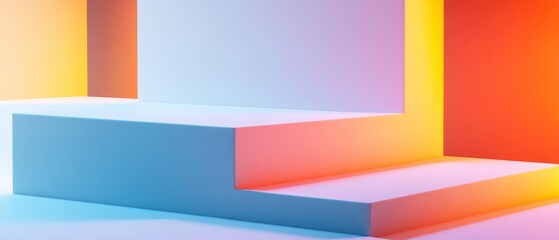 Fototapeta premium Abstract geometric shapes with vibrant lighting in a minimalist setting.