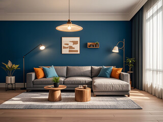 A cozy and inviting living room with a gray sofa, a wooden side table with a lamp, and a potted plan... 