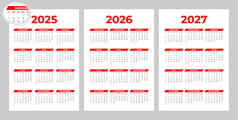 Set of 2025 2026 2027 Basic Calendar in White Background