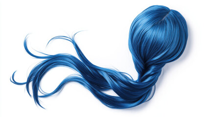 A vibrant blue wig with flowing strands, showcasing a sleek and stylish appearance perfect for fashion or costume use.
