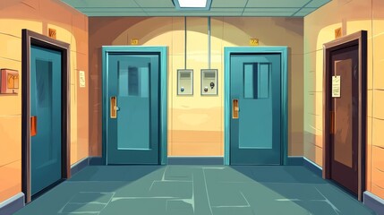 A hallway featuring four elevators with doors and control panels.