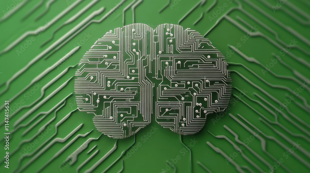 Poster a digital brain composed of circuit patterns is displayed on a vibrant green background, symbolizing