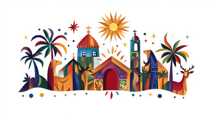 A vibrant, colorful illustration depicting a nativity scene with animals, palm trees, and a church, set against a bright sun and stars.