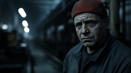 Obraz premium A solemn middle-aged man with a weary expression, wearing a red beanie in a dimly lit industrial setting.