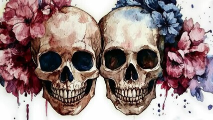 Skulls adorned with vibrant flowers illustrate the theme of life and death in artistic expression