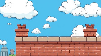A cartoon-style wall against a bright blue sky with fluffy clouds.