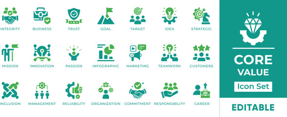 Core Value Icon Set. Features commitment, integrity, goal, marketing, organization, passion, responsibility, strategic, teamwork, trust, value, and target