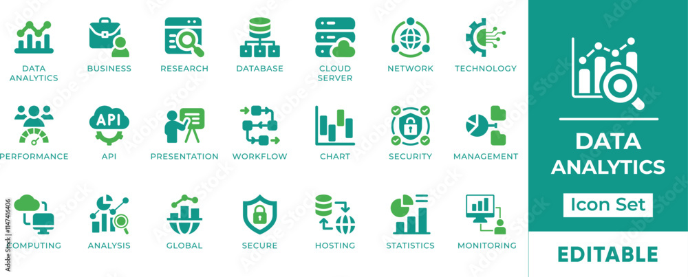 Poster data analytics icon set. features editable icons for data analytics, business intelligence, cloud co