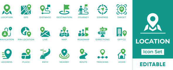 Location Icon Set. Includes address, compass, live, map, target, change, and direction