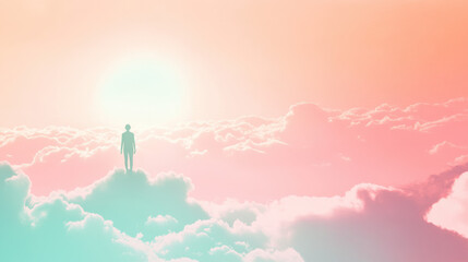 An artistic cut-out of a serene figure standing atop emerald-green clouds under a glowing pink-orange gradient sky, the image feels tranquil and dreamlike, with white space framing and isolating the s