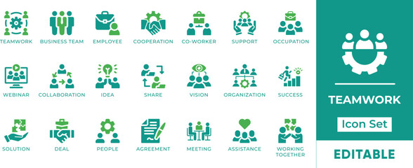 Teamwork Icon Set. Features assistance, brainstorm, collaboration, cooperation, help, meeting, planning, share, solution, success, support, and team