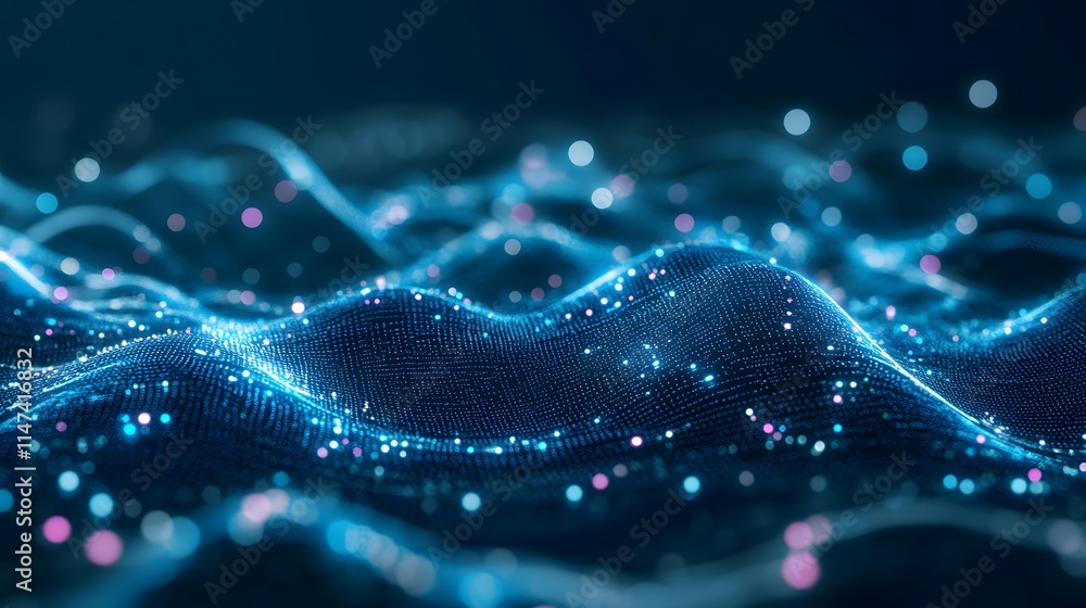 Poster dynamic waves of light and color in abstract digital landscape technology visual art dark environmen