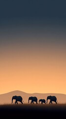 A tranquil scene of a family of elephants silhouettes against a gradient sunset, capturing the beauty of wildlife.