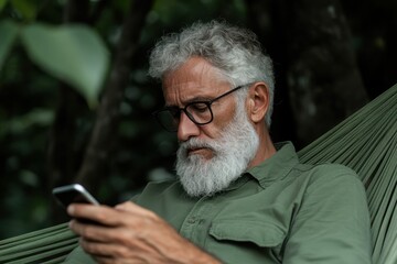 Senior Latin Man Relaxing in Hammock While Checking Phone Surrounded by Lush Greenery and Nature Outdoors