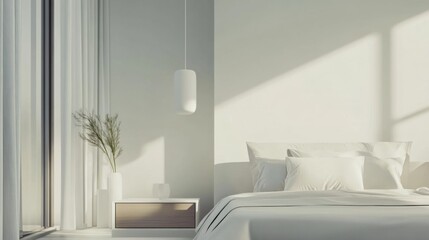 Minimalist modern bedroom with refined, clean decor. Featuring soft hues and sleek lines