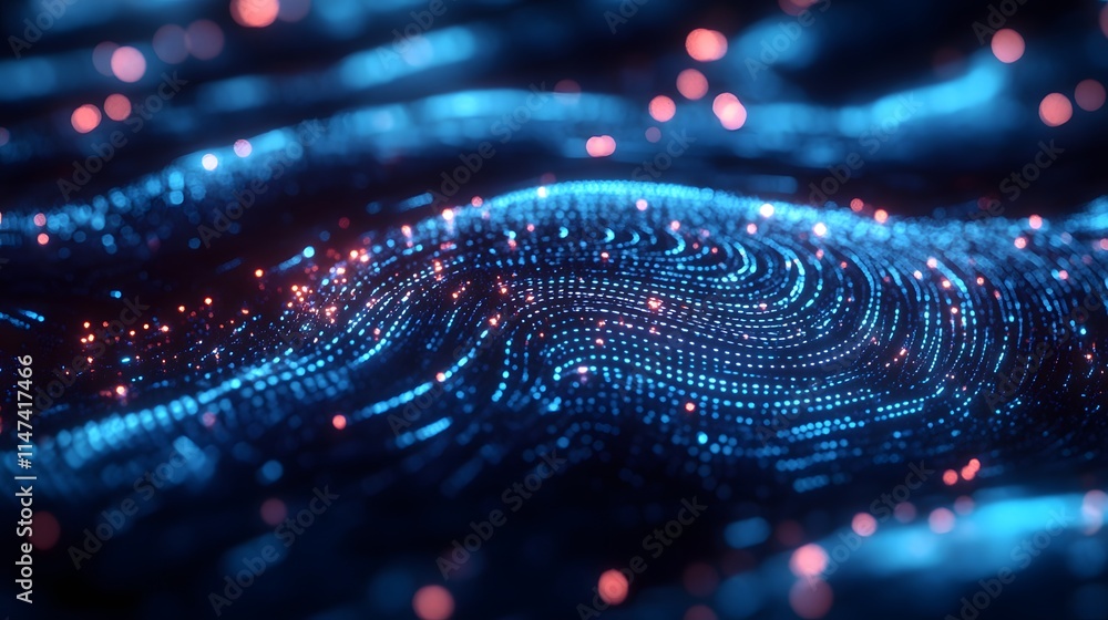 Poster dynamic blue light waves flowing over digital surface abstract visualization technology environment 