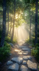 Obraz premium A serene forest scene featuring a sunlit path winding through lush greenery, with rays of sunlight filtering through the trees, creating a tranquil atmosphere.
