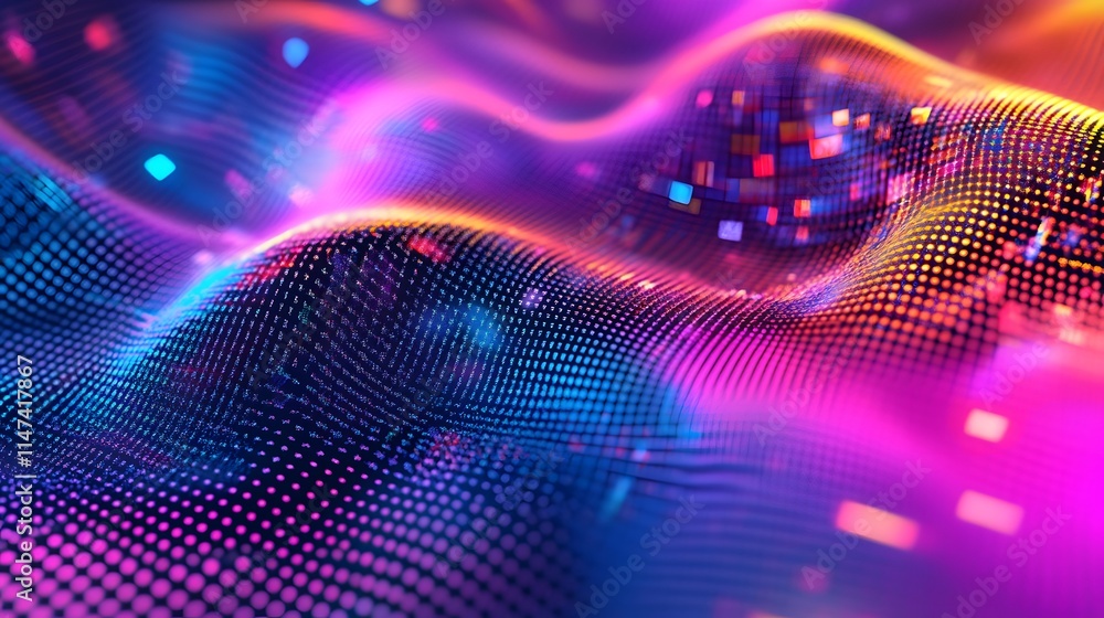 Poster dynamic color waves create vibrant patterns abstract visuals digital art futuristic environment clos