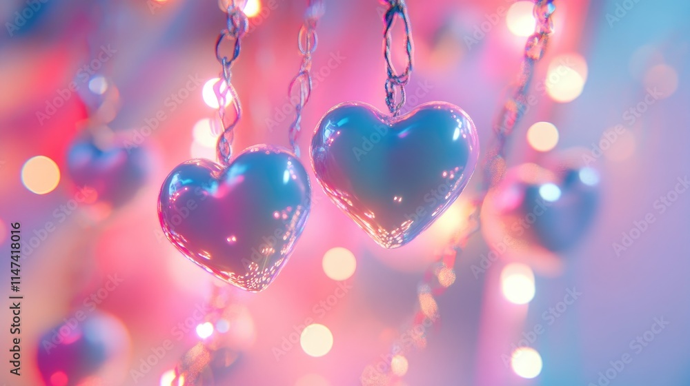 Poster shiny heart ornaments hanging with colorful soft bokeh background