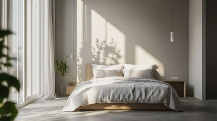 Minimalist modern bedroom with refined, clean decor. Featuring soft hues and sleek lines