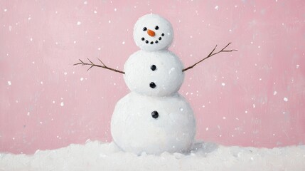 Charming Snowman with Happy Face and Snowflakes on Pink Background
