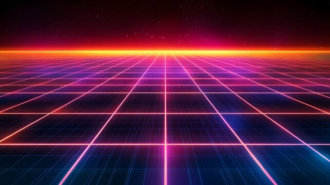 Futuristic grid landscape digital environment abstract concept vibrant colors wide viewpoint 80s retro style