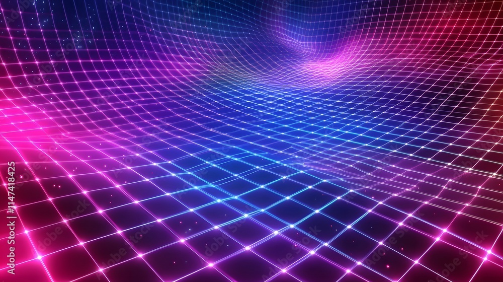 Poster dynamic action of digital waves virtual space abstract art neon colors perspective view technologica