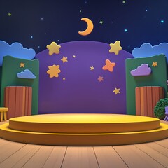 Yellow Stage Under Night Sky With Cartoon Clouds And Stars