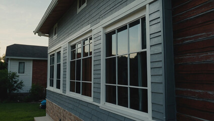 Fototapeta premium Gray House Exterior with Multi-Paned Windows