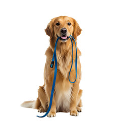 A golden retriever with a leash in its mouth, waiting to go for a walk. png isolated background. transparent background.