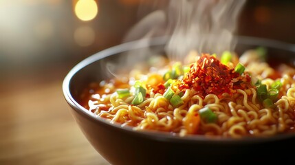 Steaming bowl of spicy ramen noodles with chili flakes and green onions on a wooden table.