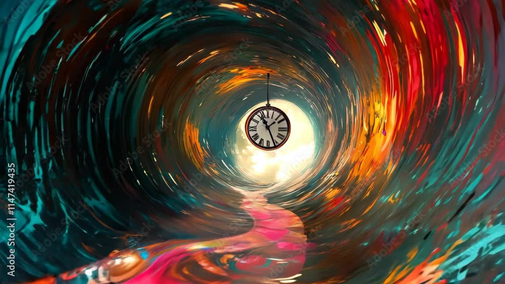 Poster spiraling pathway with clock into a vibrant void of colors and surreal atmosphere, hypnotic pathway 