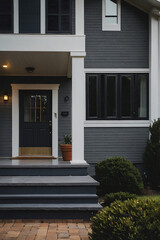 Fototapeta premium A dark gray house with white trim features a front porch with gray steps leading to a dark blue front door. Black windows and landscaping are visible.