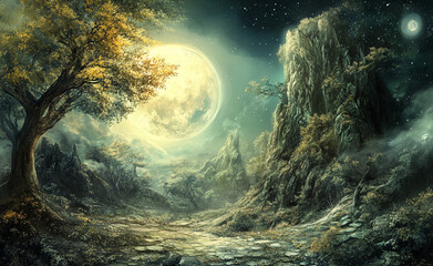 Moonlit landscape with glowing moon illuminating rocky terrain at night. 
