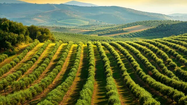 Farming landscape with olive tree rows in a serene countryside setting, Farming background country view Olive tree rows farmland