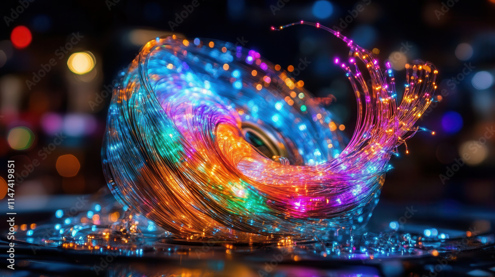 Poster vibrant display of glowing fiber optic strands swirling in colorful patterns, creating mesmerizing v