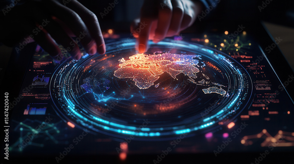 Poster digital globe with glowing fiber optics, showcasing data visualization and interactivity. hands poin